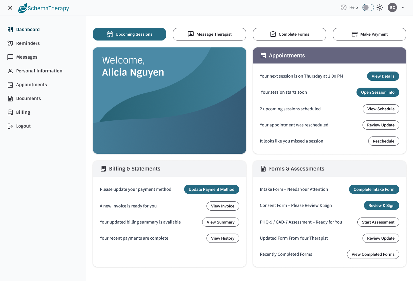 eSchemaTherapy patient dashboard desktop view