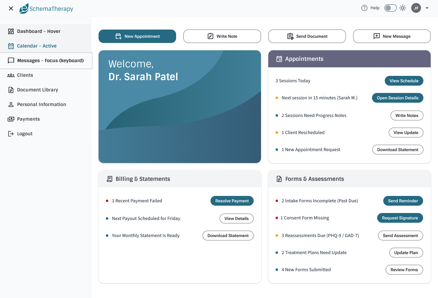 Therapist dashboard with alerts and actions