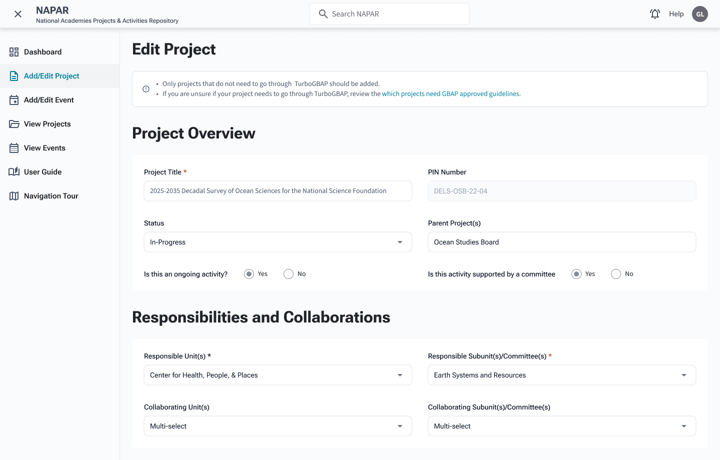 Editing a project found in TurboGBEC or NAPAR