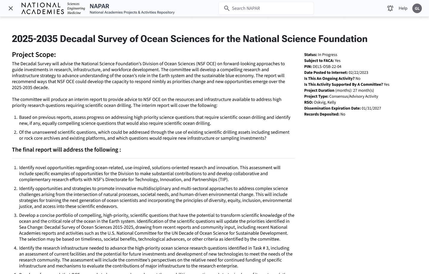 Redesigned NAPAR project view