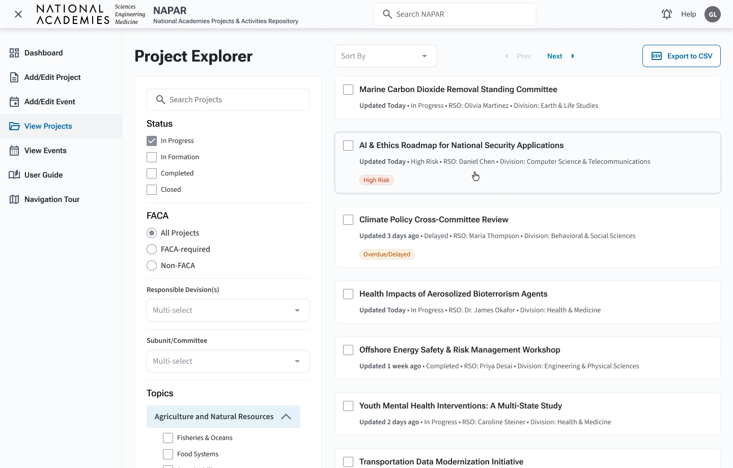NAPAR Project Explorer with filters and result cards