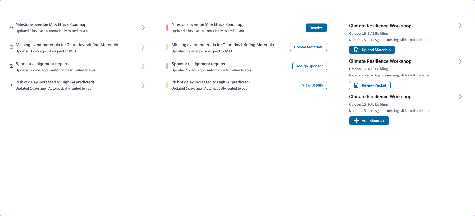 NAPAR alert component patterns showing routed alerts and action buttons