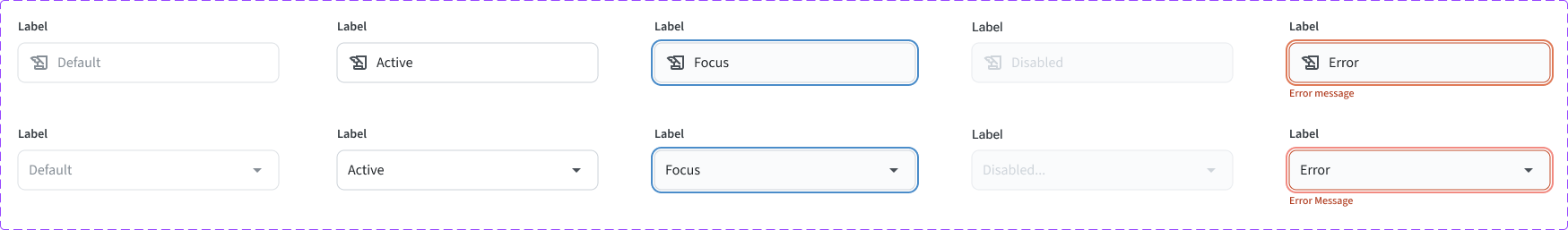 NAPAR form input states including default, active, focus, disabled, and error