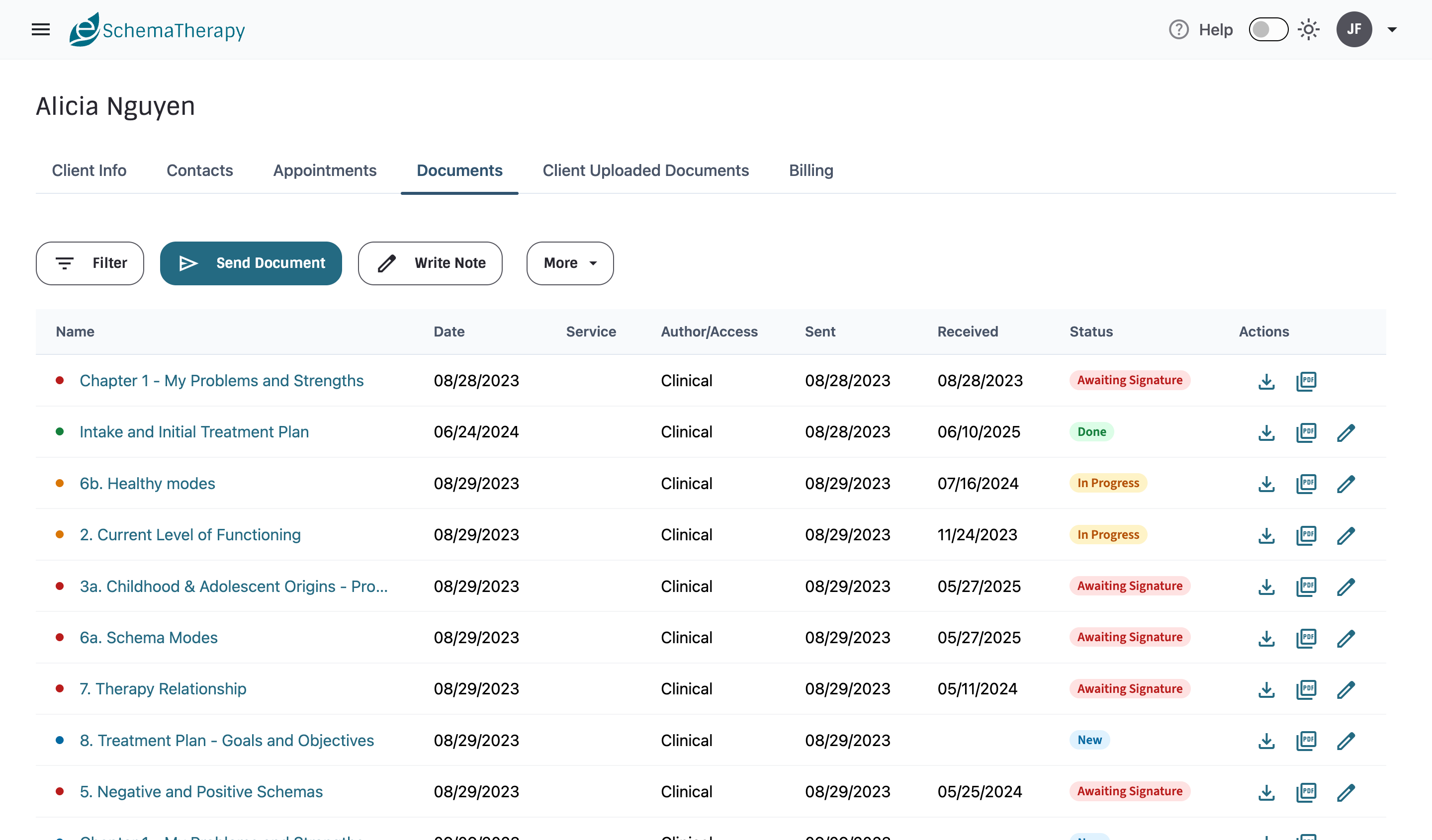 Patient document management with status indicators