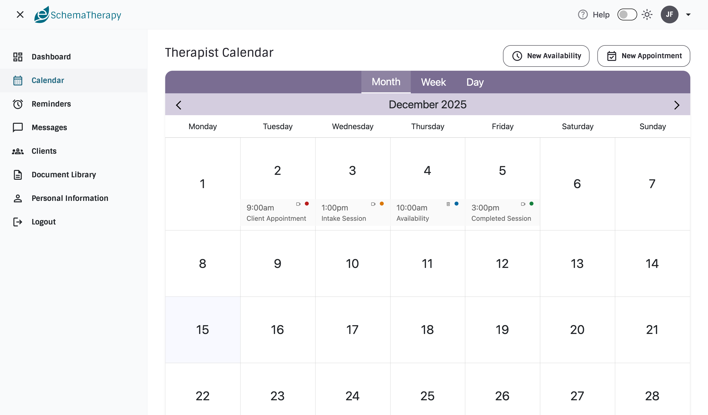 Therapist calendar with session alerts