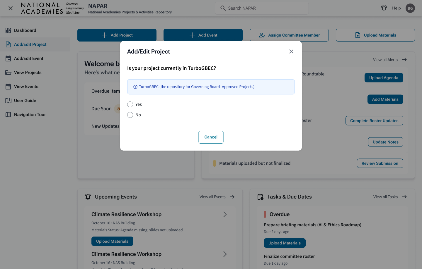 Add/Edit Project — first decision screen
