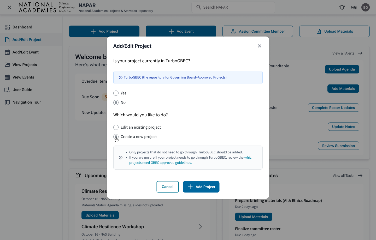Confirming creation of a new NAPAR project
