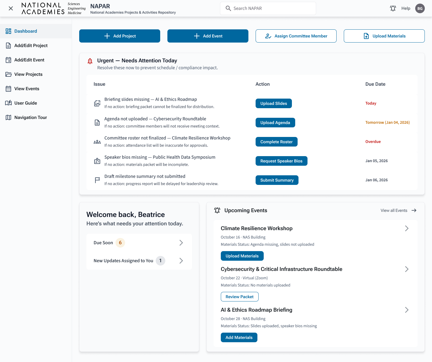 Program Assistant dashboard with urgent list and upcoming events