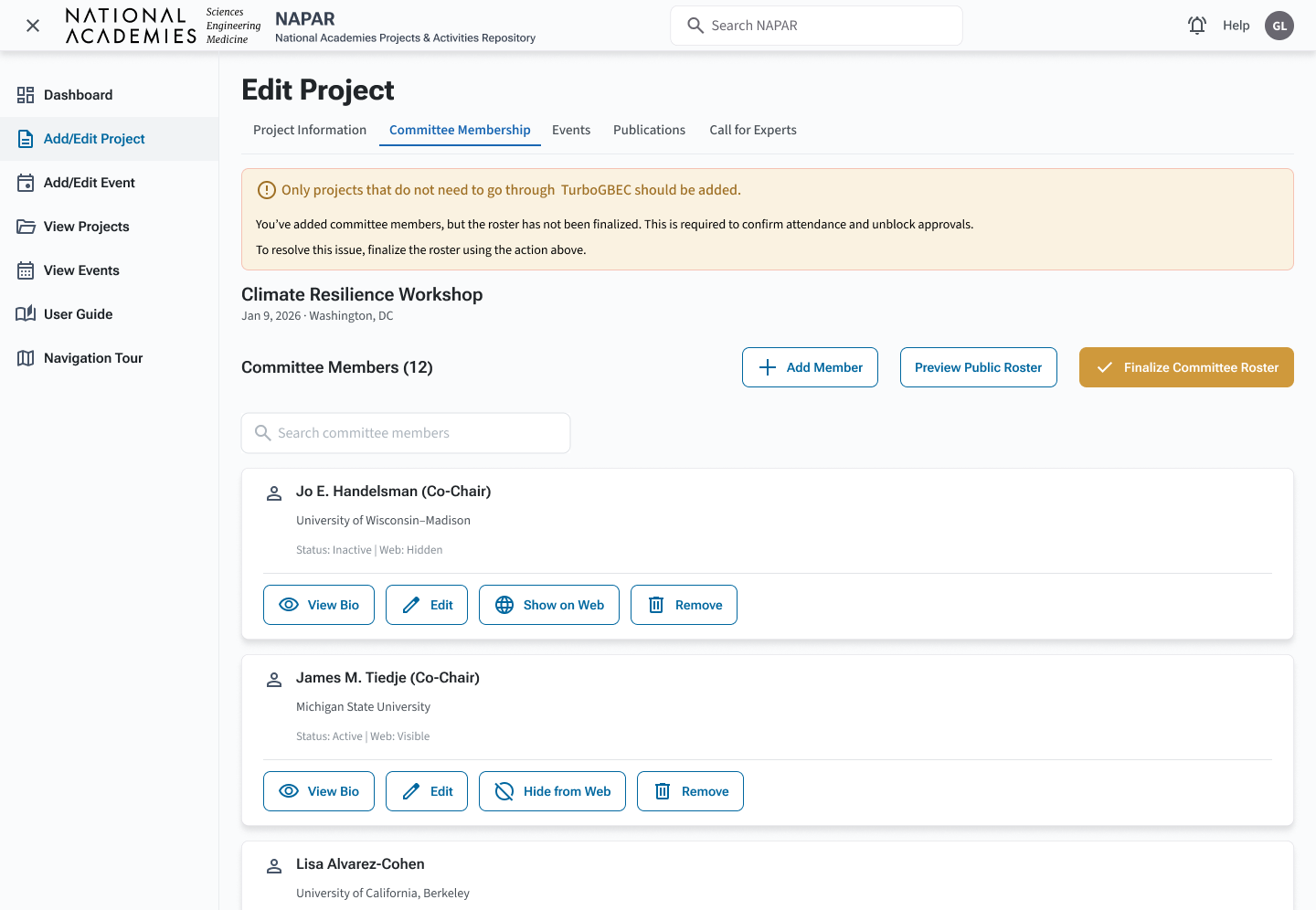 Committee Membership warning state showing roster not finalized and emphasized Finalize Committee Roster action
