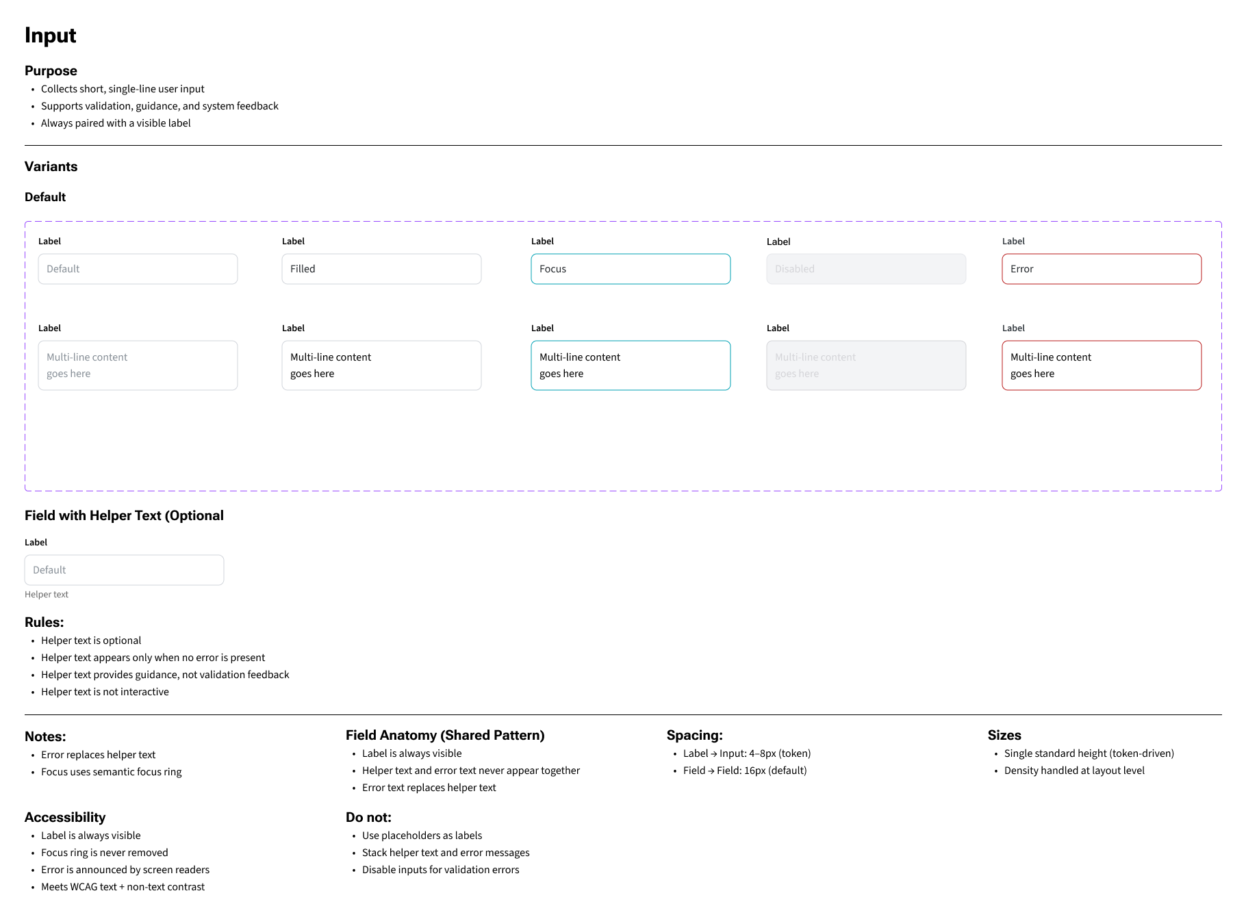 NAPAR form input states including default, active, focus, disabled, and error