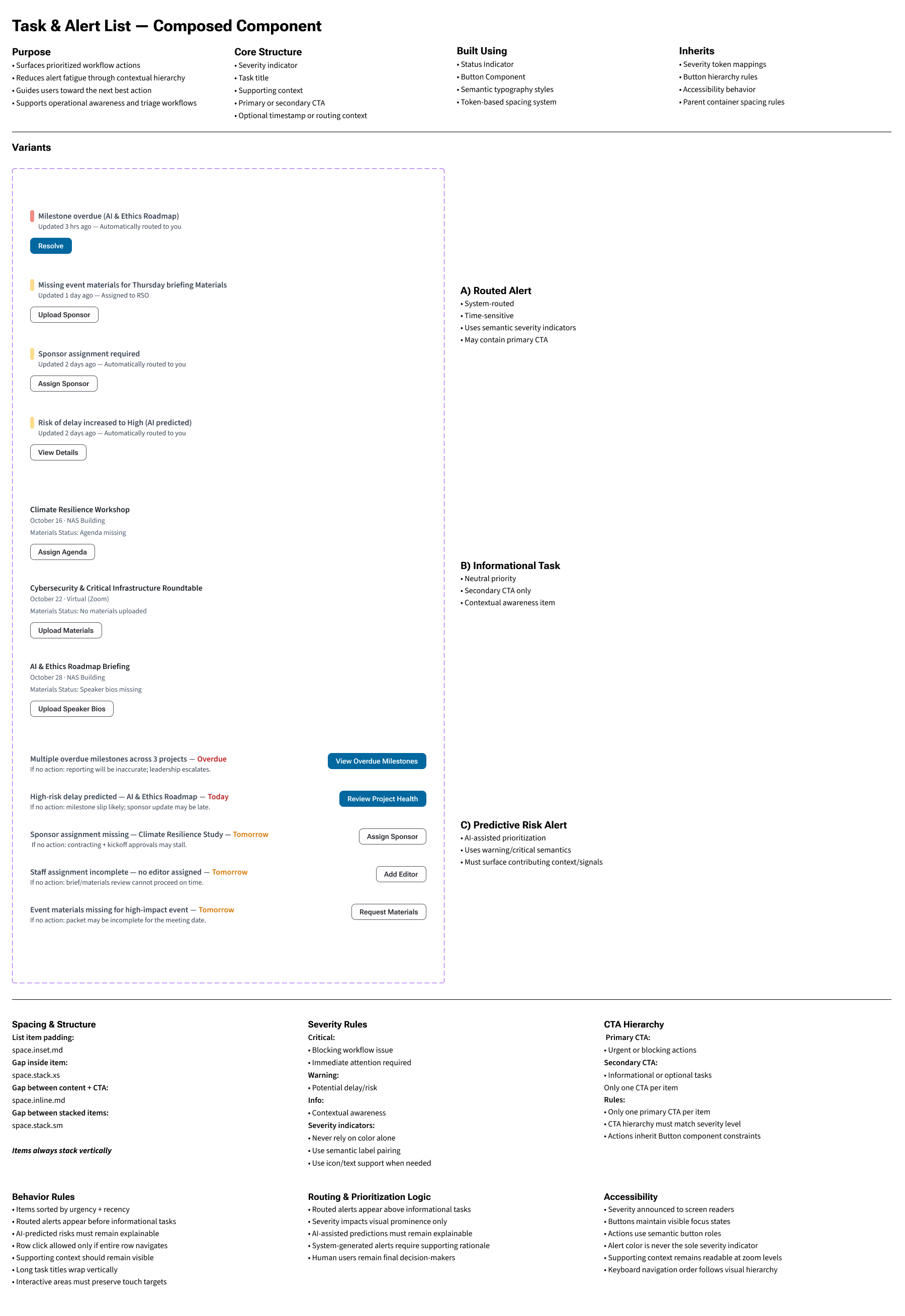 NAPAR alert component patterns showing routed alerts and action buttons